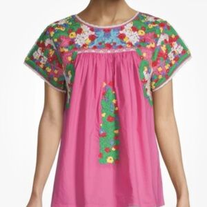 Frances Valentine Pink Embroidered Flowers Top Oaxaca Style Size 1X NWT New